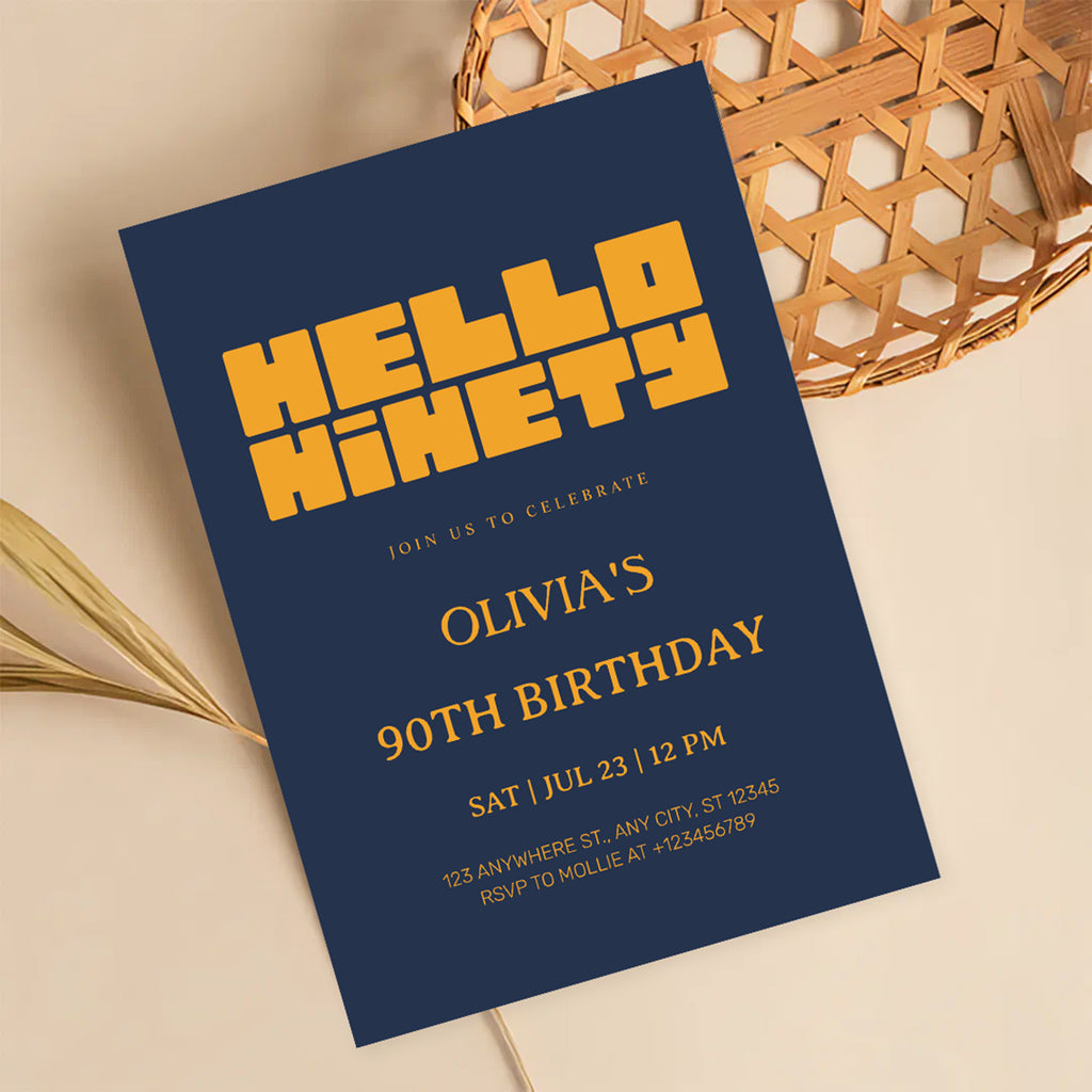 Hello Ninety Navy Blue 90th Birthday Invitation | Modern Milestone Party Invite | Elegant Birthday Celebration