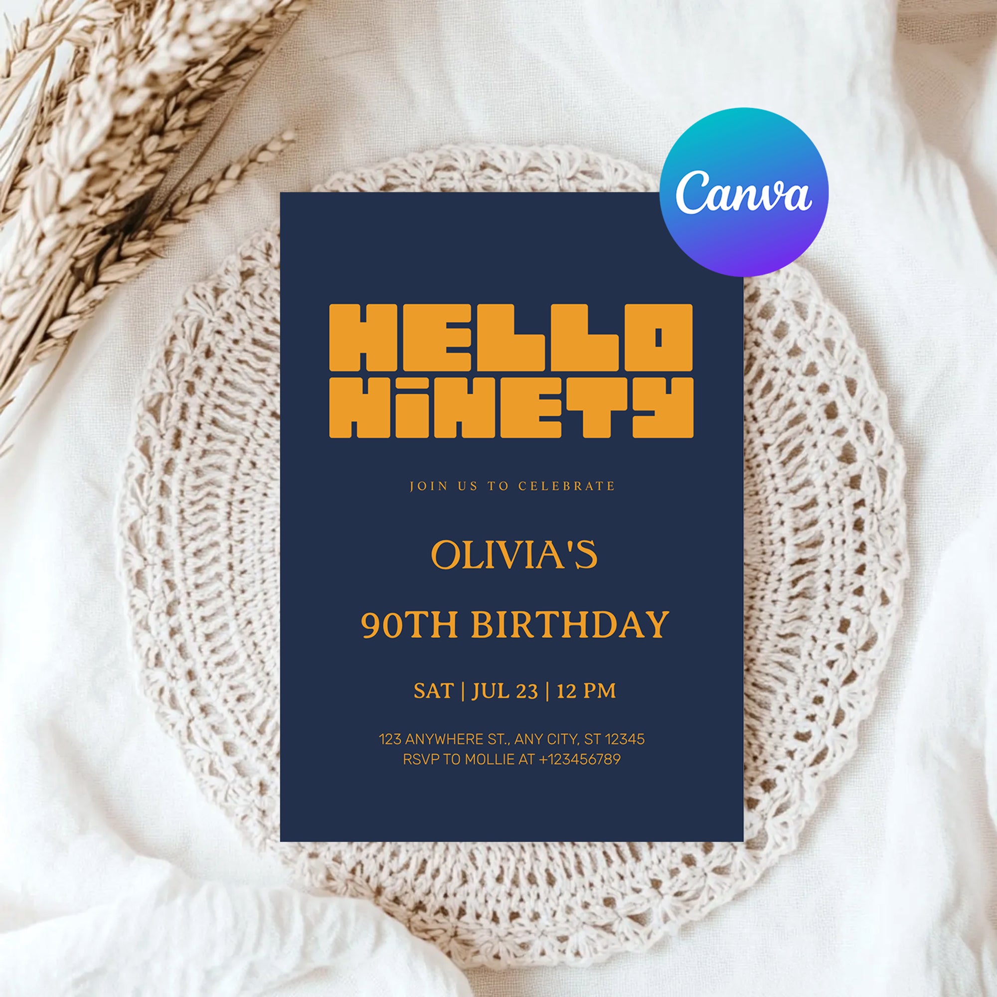 Hello Ninety Navy Blue 90th Birthday Invitation | Modern Milestone Party Invite | Elegant Birthday Celebration