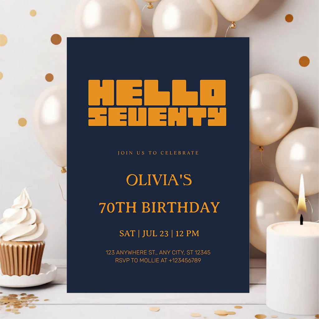 Hello Seventy Navy Blue 70th Birthday Invitation | Modern Milestone Party Invite | Elegant Birthday Celebration