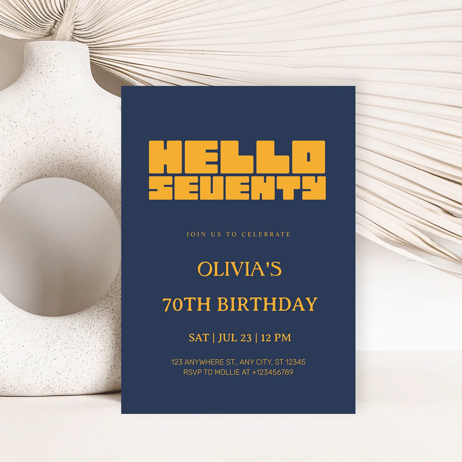 Hello Seventy Navy Blue 70th Birthday Invitation | Modern Milestone Party Invite | Elegant Birthday Celebration