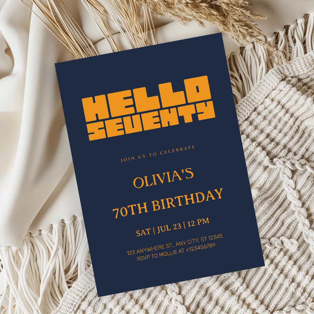 Hello Seventy Navy Blue 70th Birthday Invitation | Modern Milestone Party Invite | Elegant Birthday Celebration