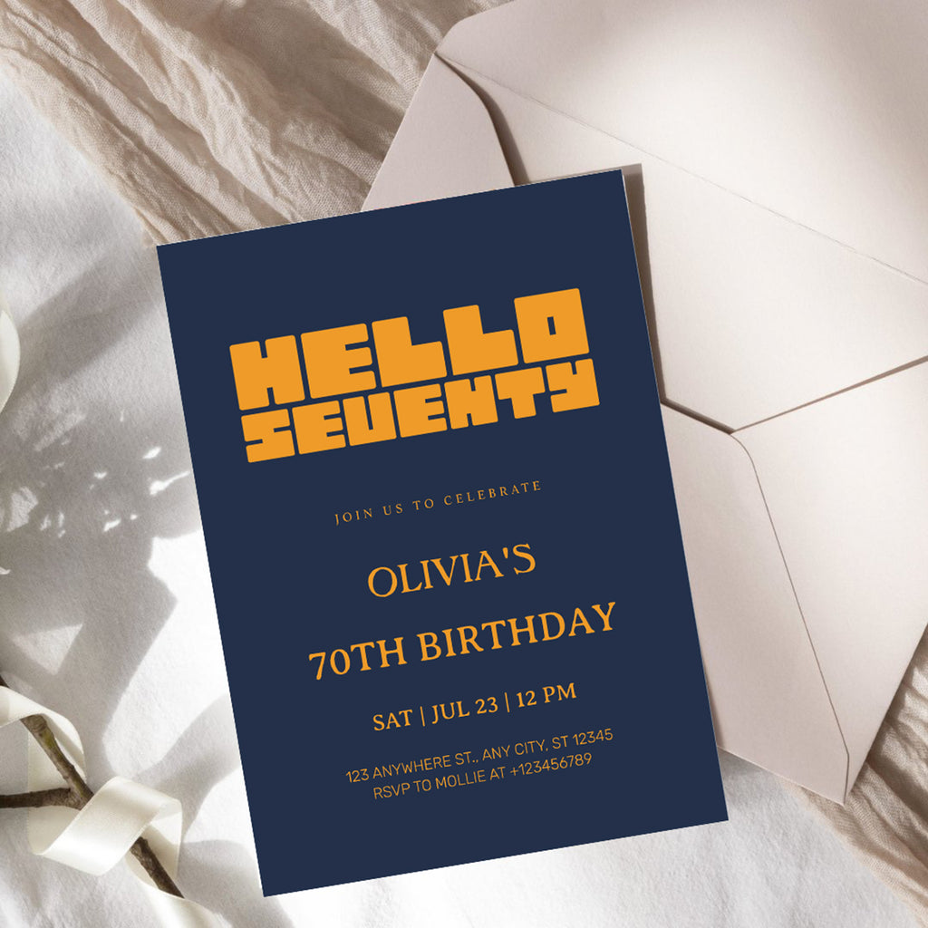 Hello Seventy Navy Blue 70th Birthday Invitation | Modern Milestone Party Invite | Elegant Birthday Celebration