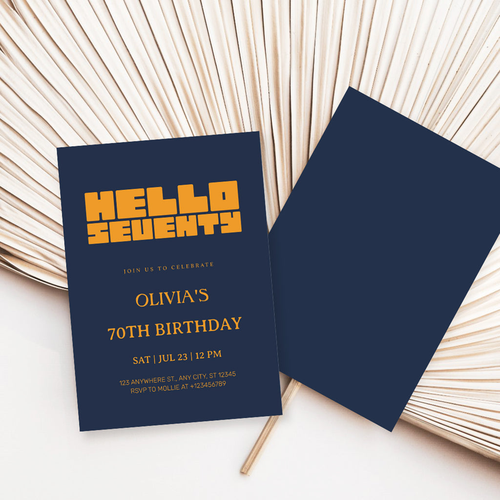 Hello Seventy Navy Blue 70th Birthday Invitation | Modern Milestone Party Invite | Elegant Birthday Celebration