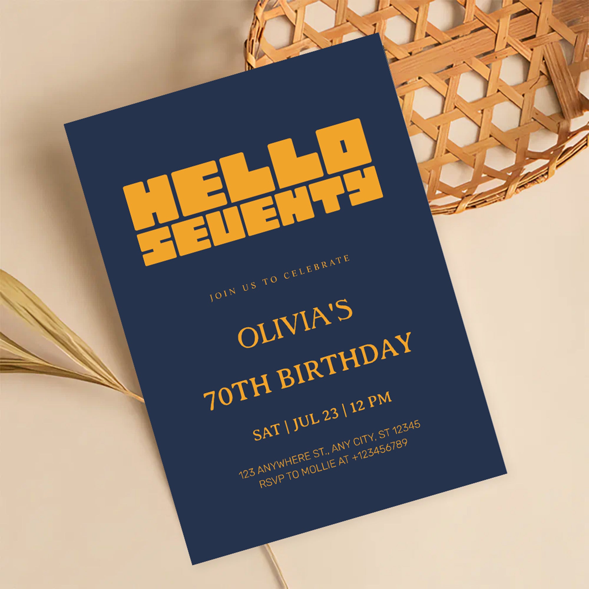 Hello Seventy Navy Blue 70th Birthday Invitation | Modern Milestone Party Invite | Elegant Birthday Celebration