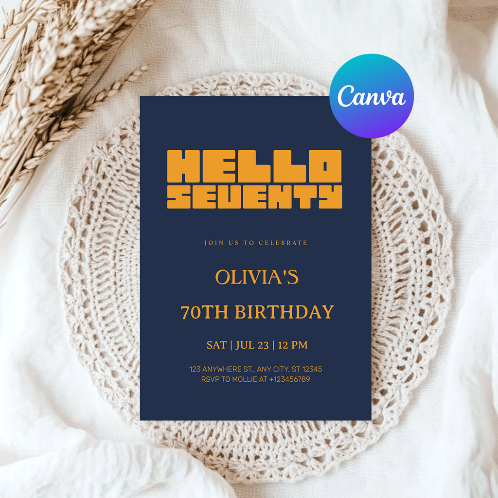 Hello Seventy Navy Blue 70th Birthday Invitation | Modern Milestone Party Invite | Elegant Birthday Celebration