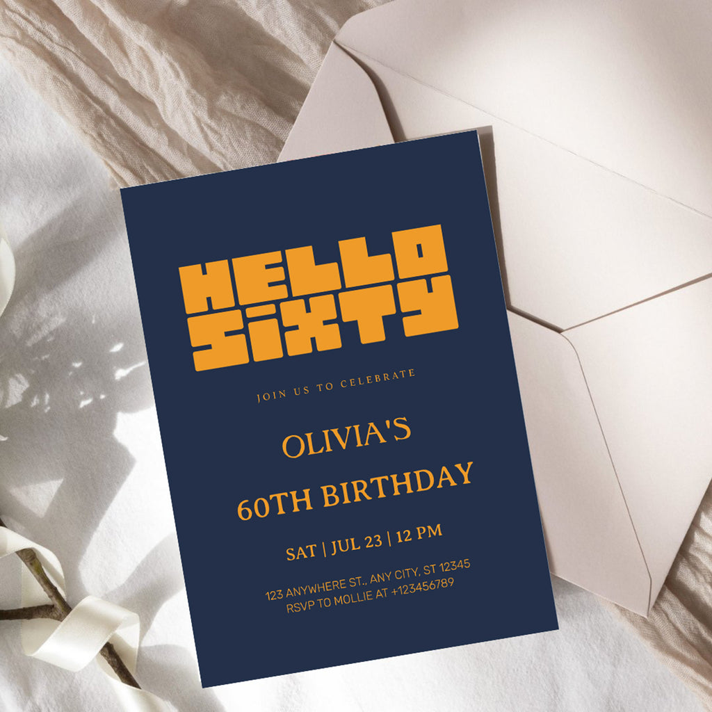 Hello Sixty Navy Blue 60th Birthday Invitation | Modern Milestone Party Invite | Elegant Birthday Celebration