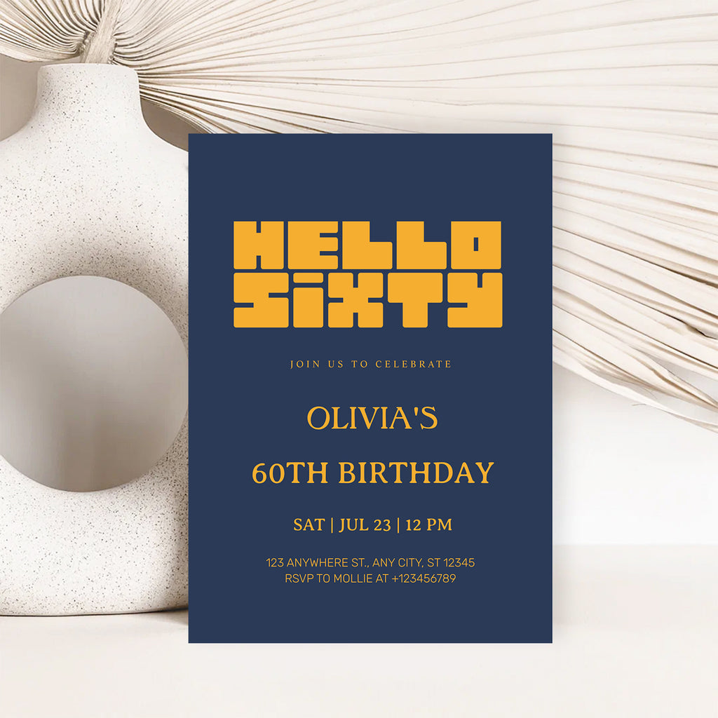 Hello Sixty Navy Blue 60th Birthday Invitation | Modern Milestone Party Invite | Elegant Birthday Celebration