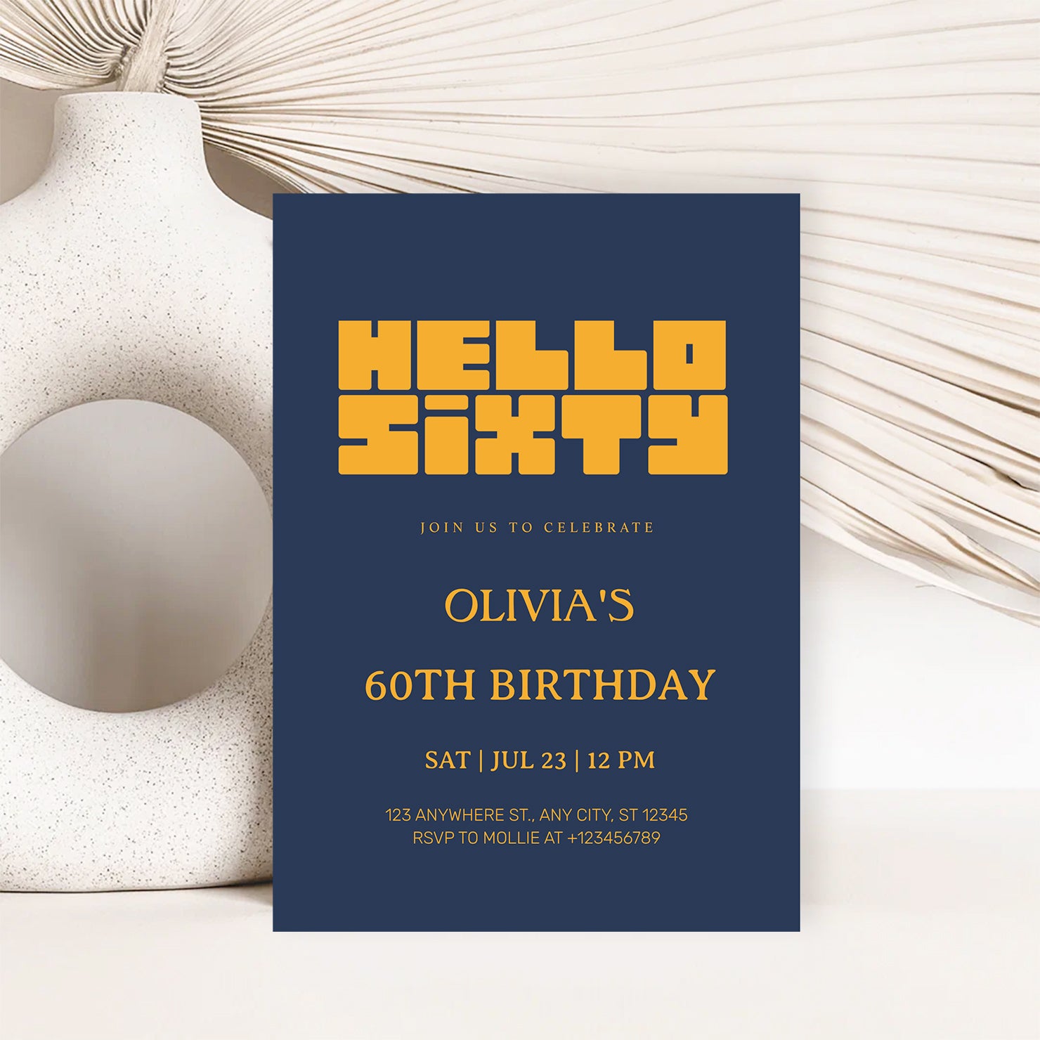 Hello Sixty Navy Blue 60th Birthday Invitation | Modern Milestone Party Invite | Elegant Birthday Celebration