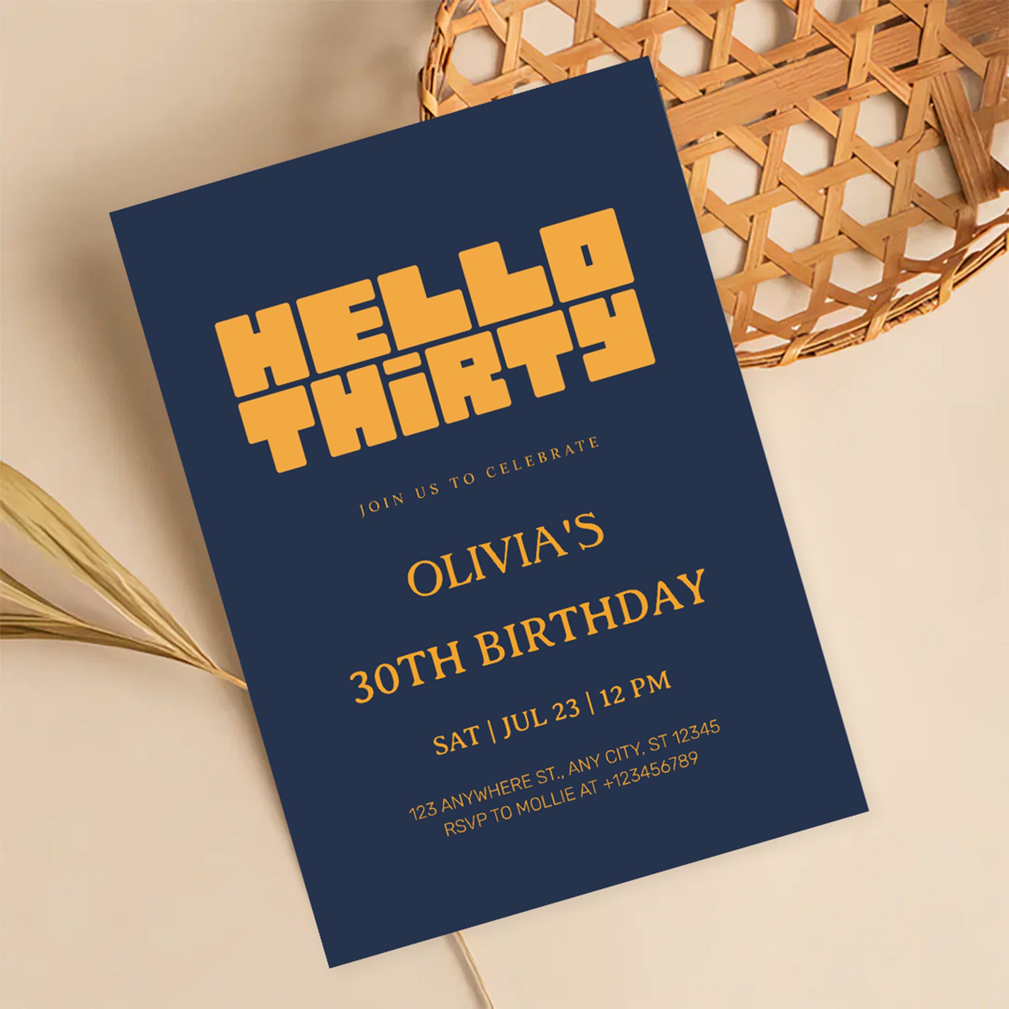 Hello Thirty Navy Blue 30th Birthday Invitation | Modern Milestone Party Invite | Elegant Birthday Celebration