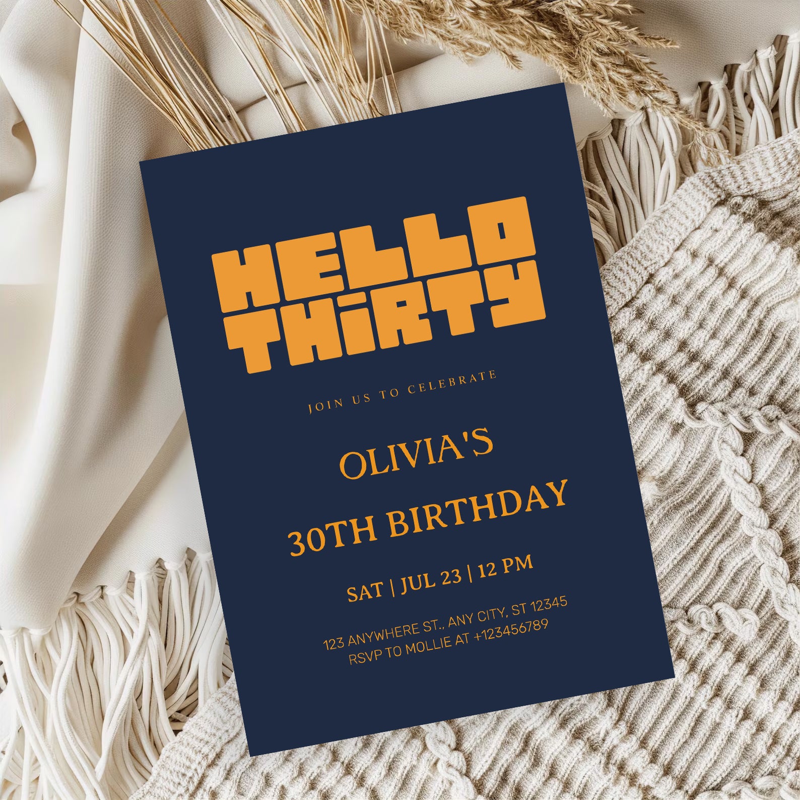 Hello Thirty Navy Blue 30th Birthday Invitation | Modern Milestone Party Invite | Elegant Birthday Celebration