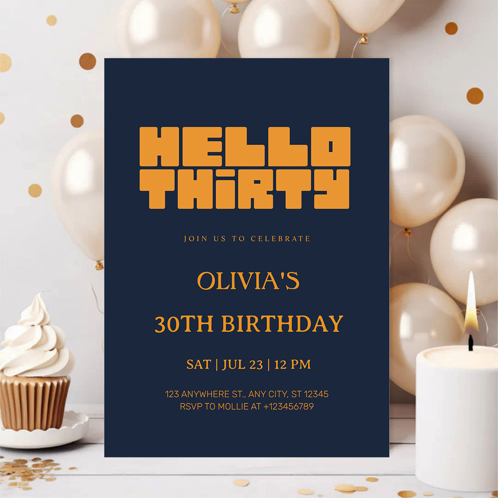 Hello Thirty Navy Blue 30th Birthday Invitation | Modern Milestone Party Invite | Elegant Birthday Celebration