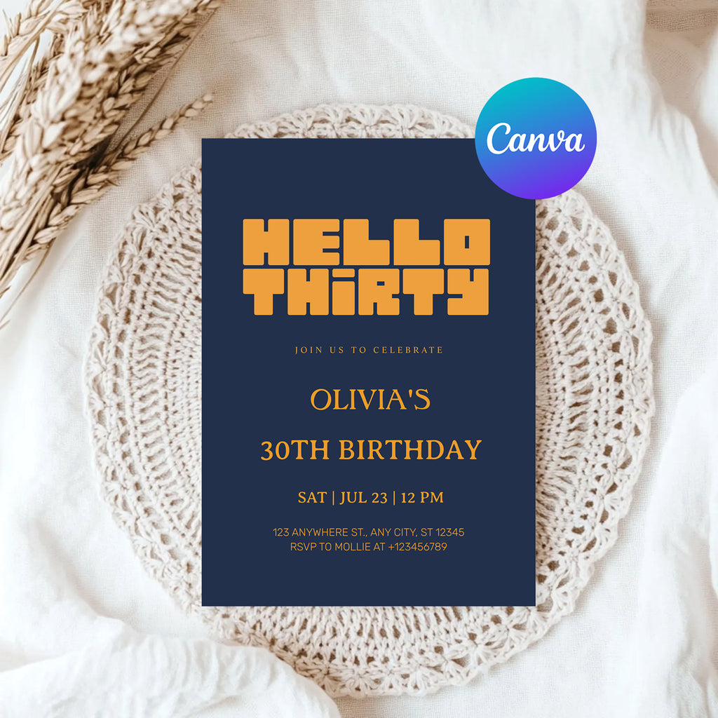 Hello Thirty Navy Blue 30th Birthday Invitation | Modern Milestone Party Invite | Elegant Birthday Celebration