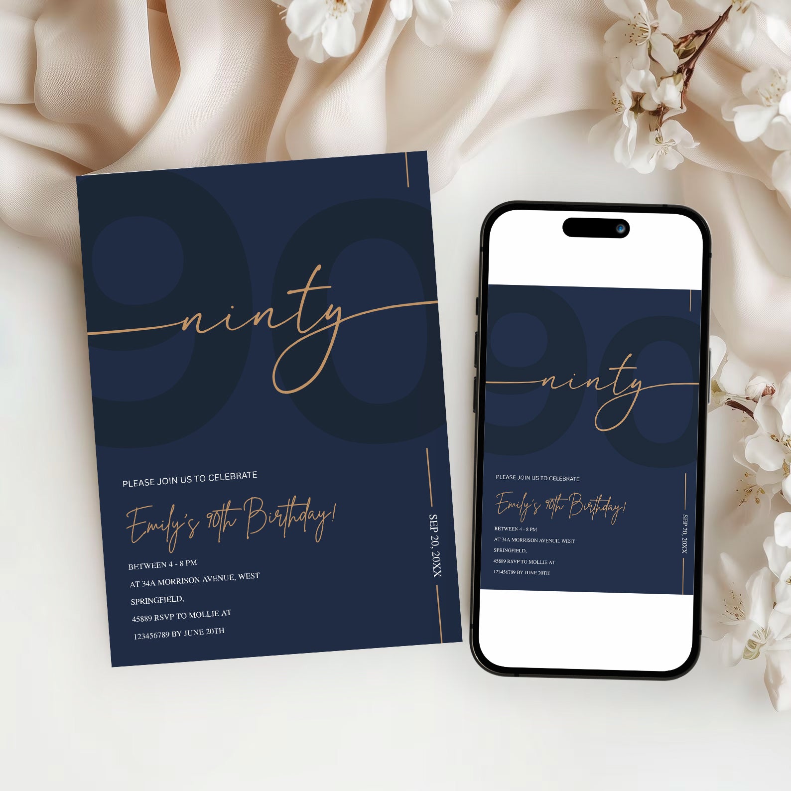 Modern Navy Blue & Gold 90th Birthday Invitation – Editable Canva Template
