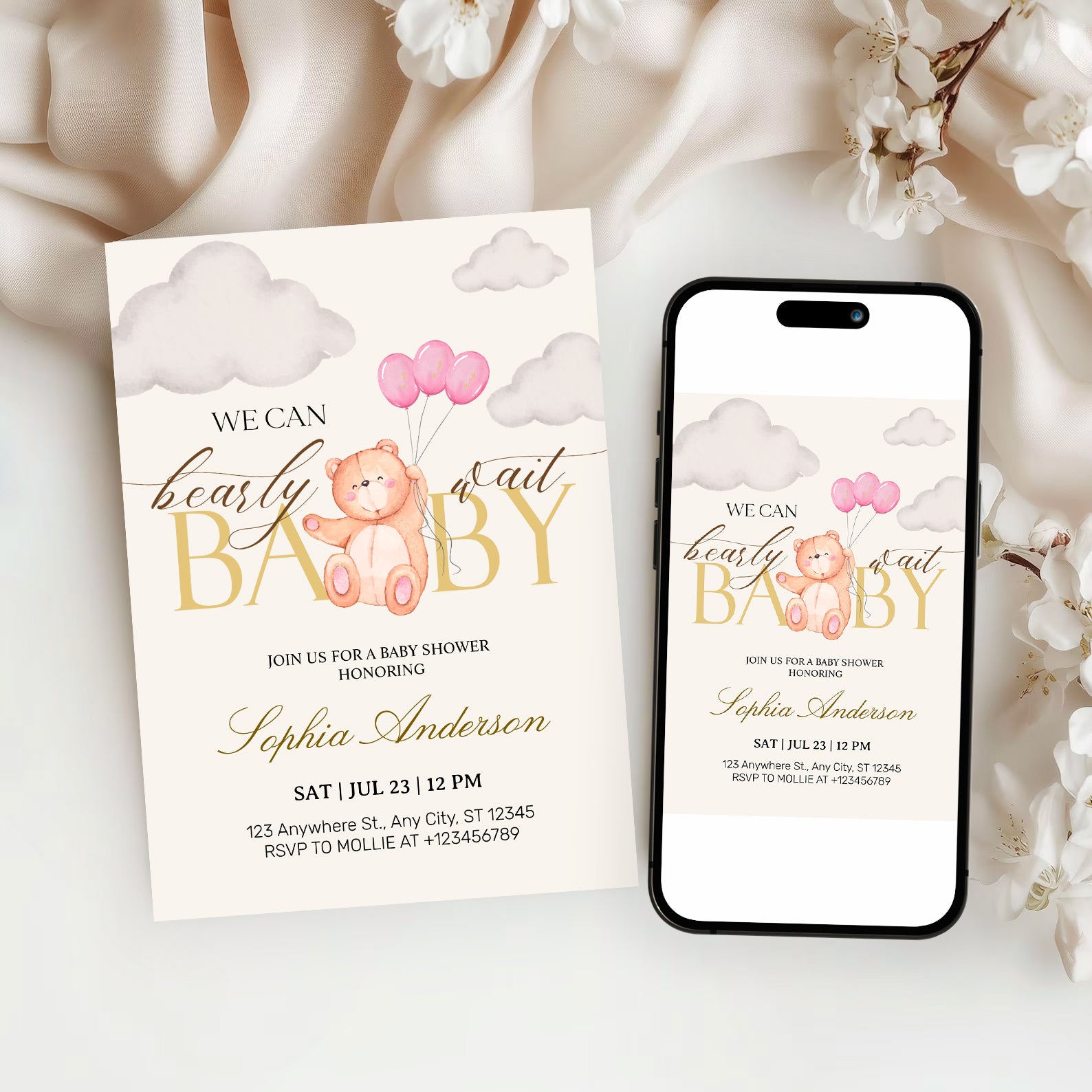 We Can Bearly Wait Pink & Gold Teddy Bear Baby Shower Invitation – Editable Canva Template