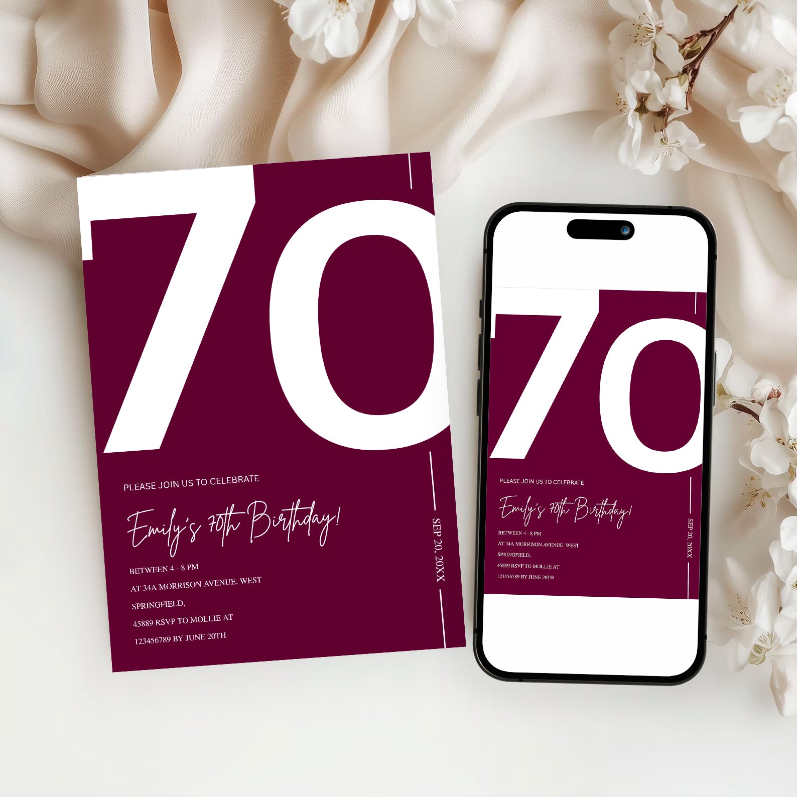 Elegant Burgundy 70th Birthday Invitation Template | Chic Seventy Milestone Party Invite | Editable & Instant Download