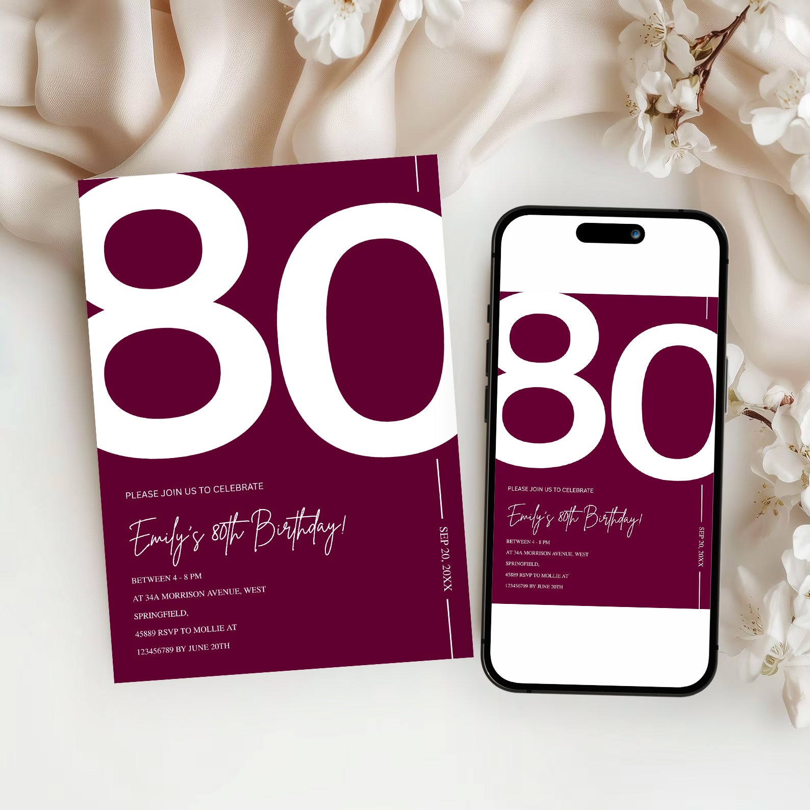 Elegant Burgundy 80th Birthday Invitation Template | Chic Eighty Milestone Party Invite | Editable & Instant Download