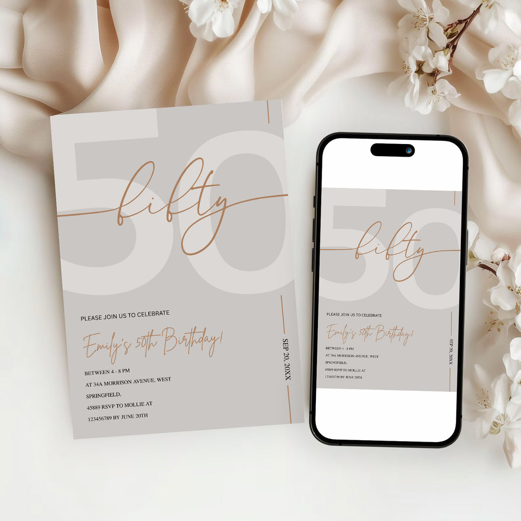 Modern Beige & Gold 50th Birthday Invitation – Editable Canva Template