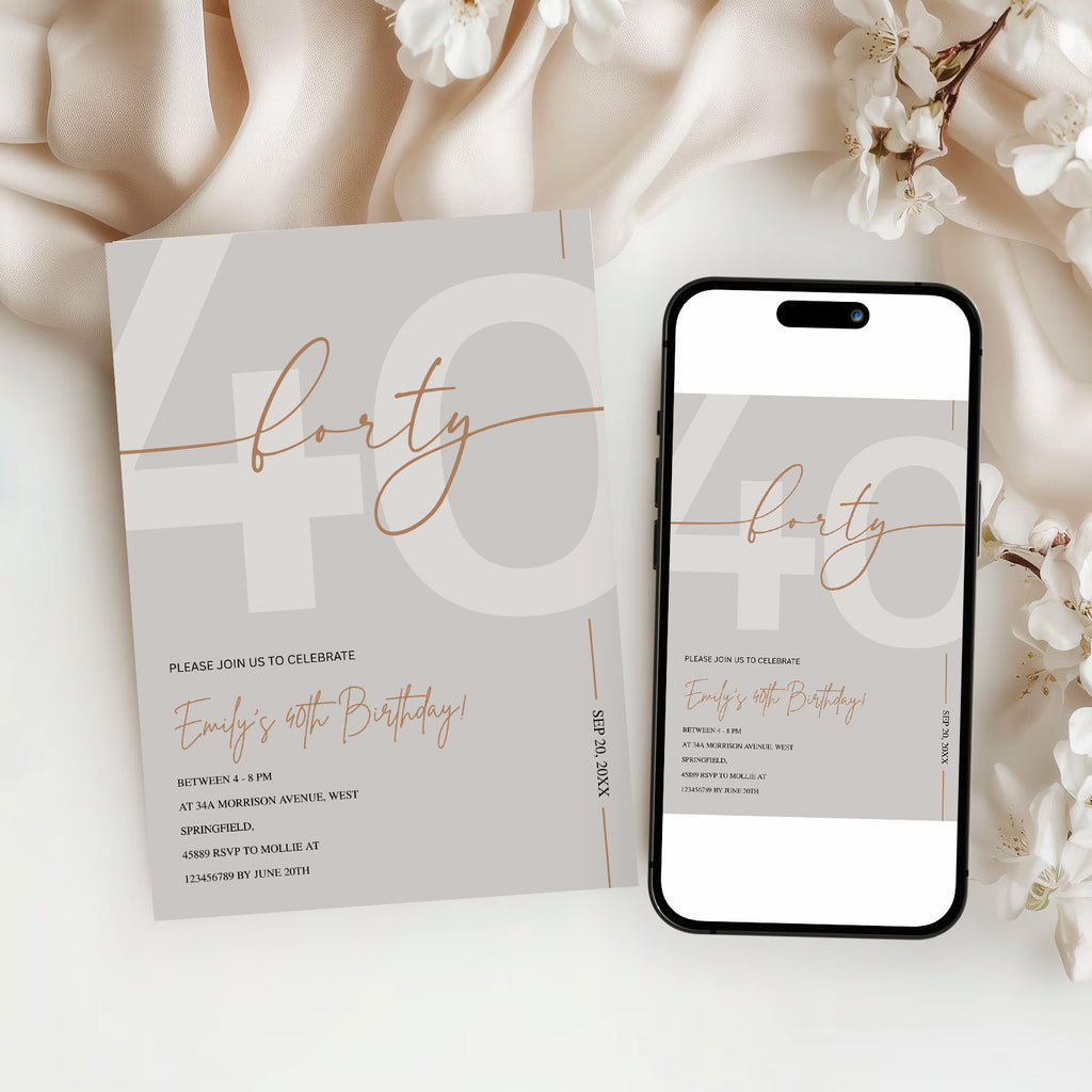 Modern Beige & Gold 40th Birthday Invitation – Editable Canva Template