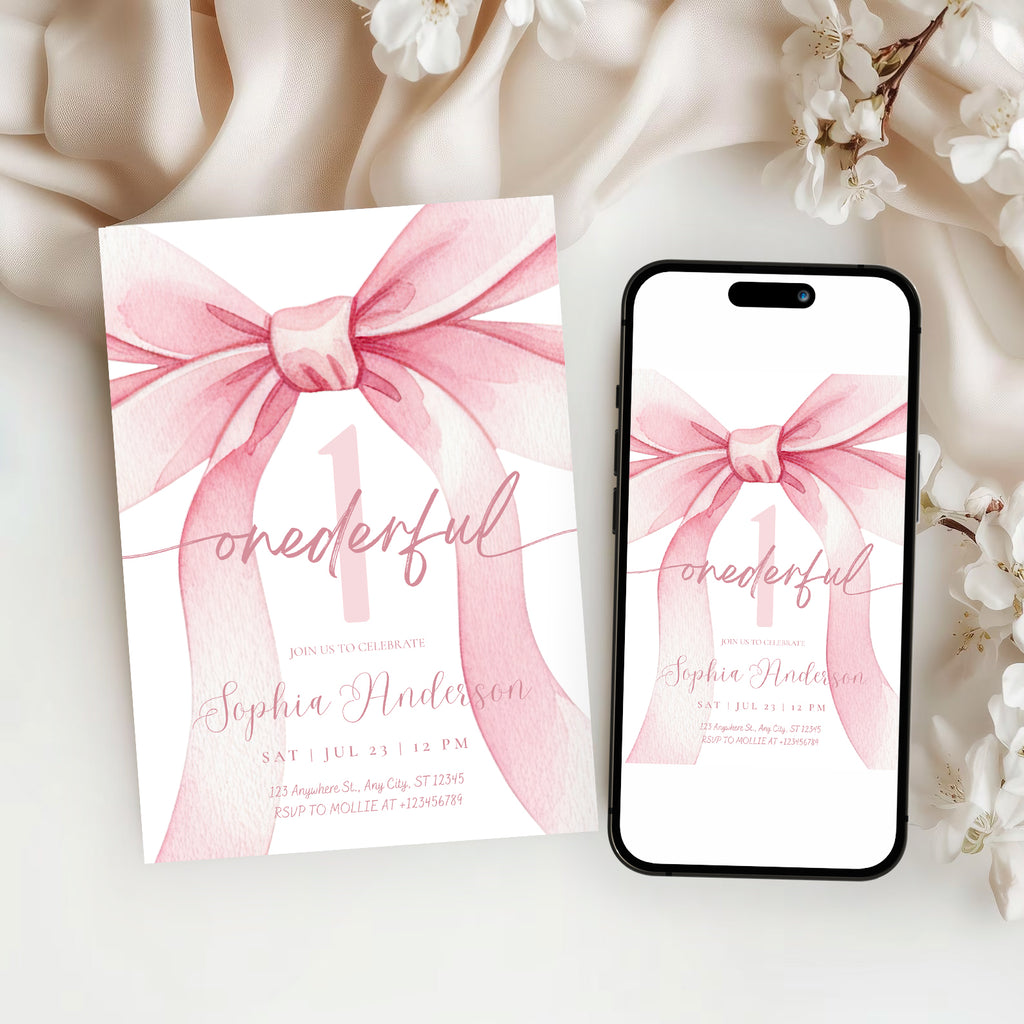Blush Pink Bow Onederful 1st Birthday Invitation Template | Girl First Birthday Party Invite | Editable Canva Instant Download
