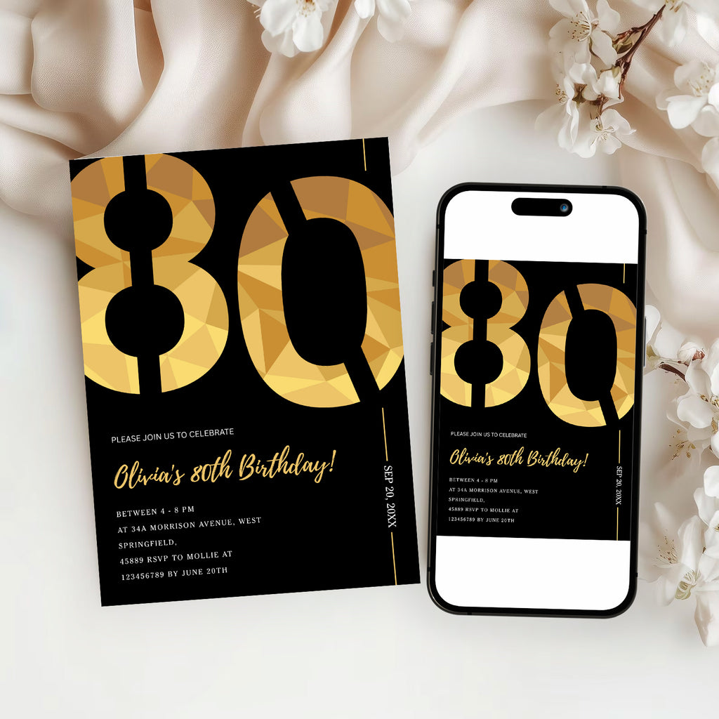 Elegant Black & Gold 80th Birthday Invitation Template | Editable Birthday Party Invite | Instant Download Canva