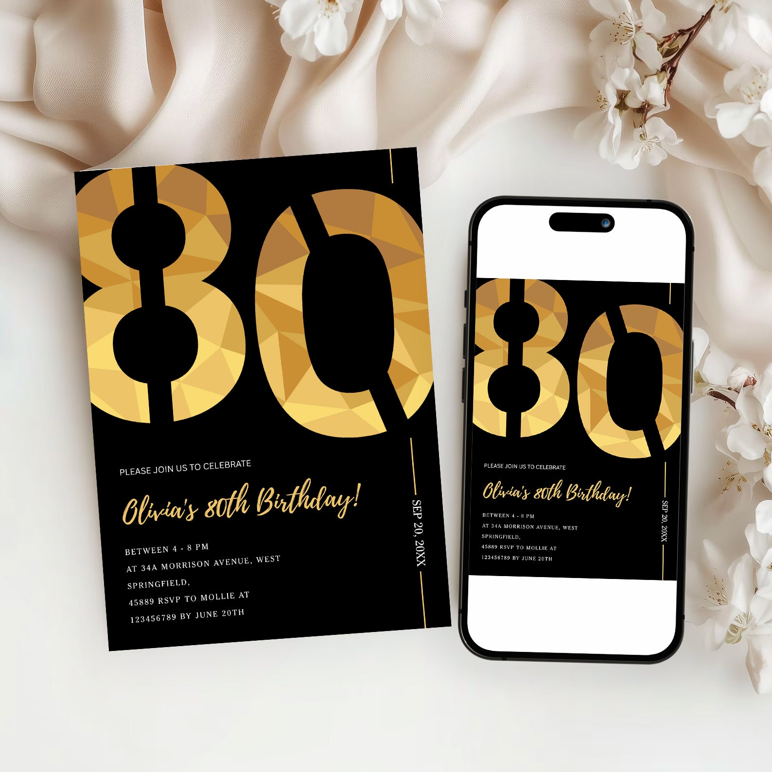 Elegant Black & Gold 80th Birthday Invitation Template | Editable Birthday Party Invite | Instant Download Canva