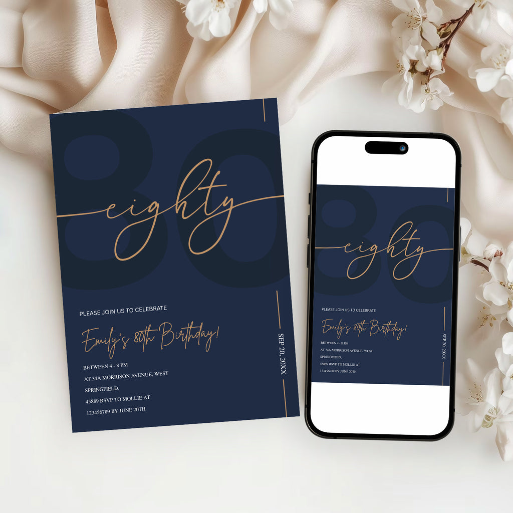 Modern Navy Blue & Gold 80th Birthday Invitation – Editable Canva Template