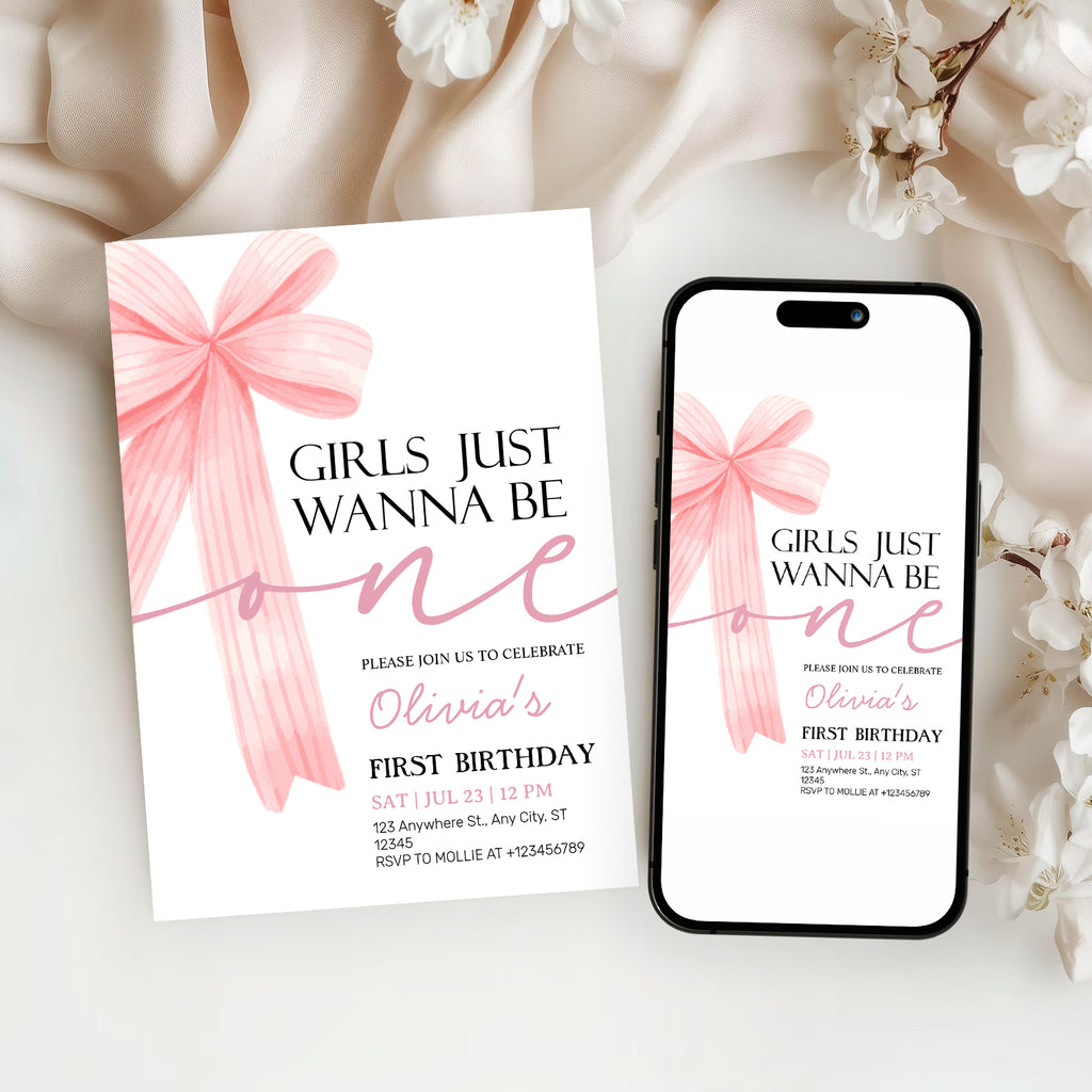 Girls Just Wanna Be One Pink Bow 1st Birthday Invitation – Editable Canva Template