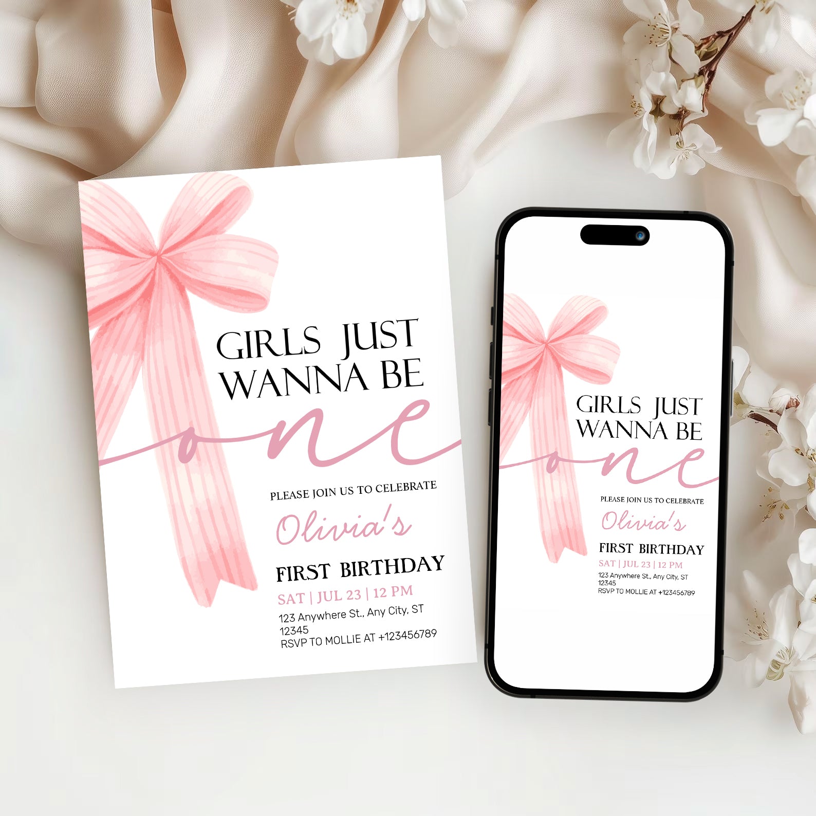 Girls Just Wanna Be One Pink Bow 1st Birthday Invitation – Editable Canva Template
