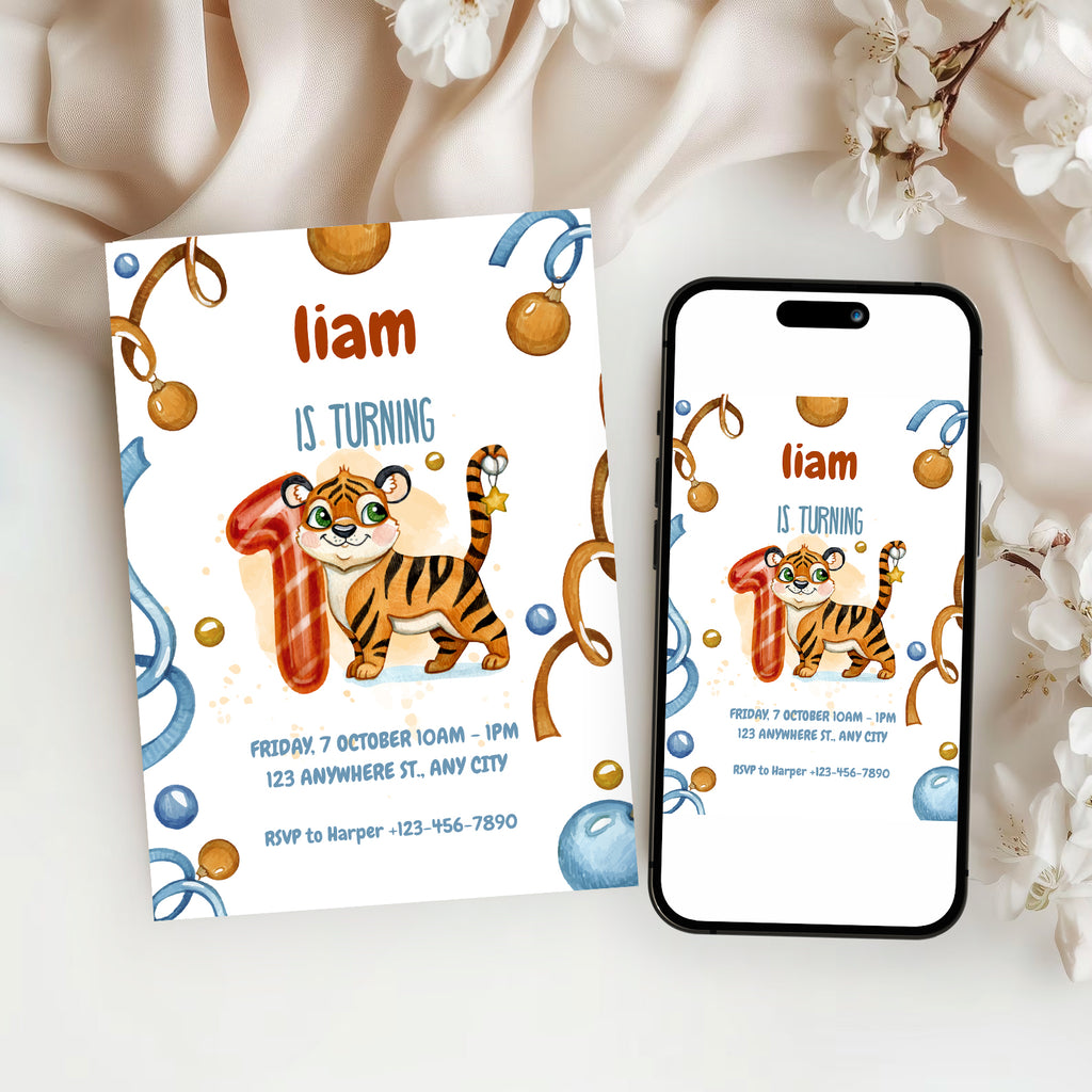 Wild & Cute Tiger 1st Birthday Invitation – Editable Canva Template