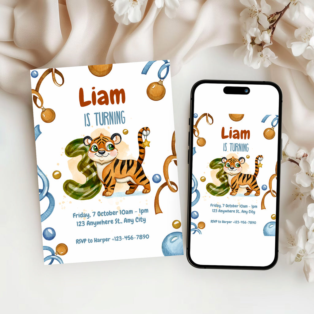 Wild & Cute Tiger 3rd Birthday Invitation – Editable Canva Template
