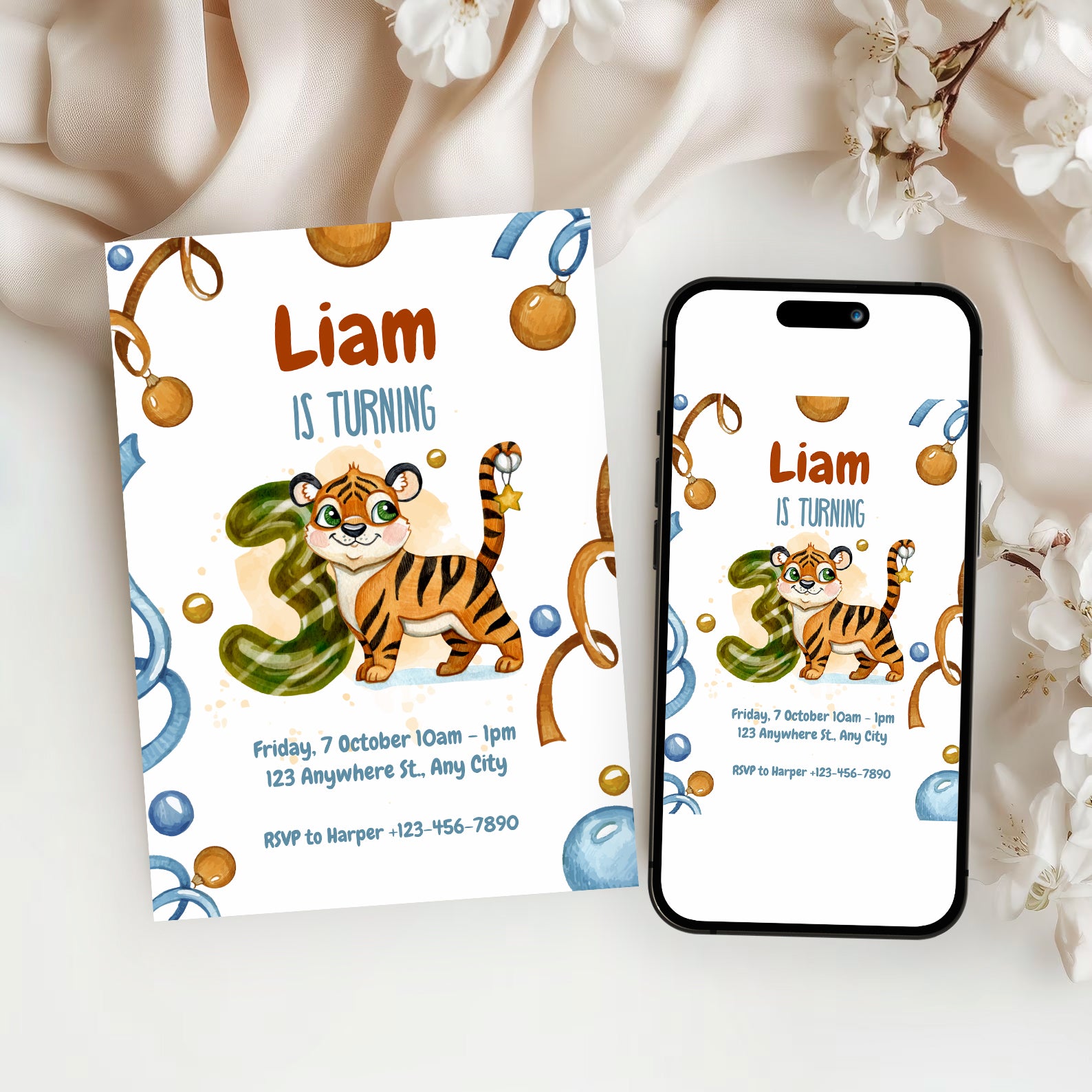 Wild & Cute Tiger 3rd Birthday Invitation – Editable Canva Template