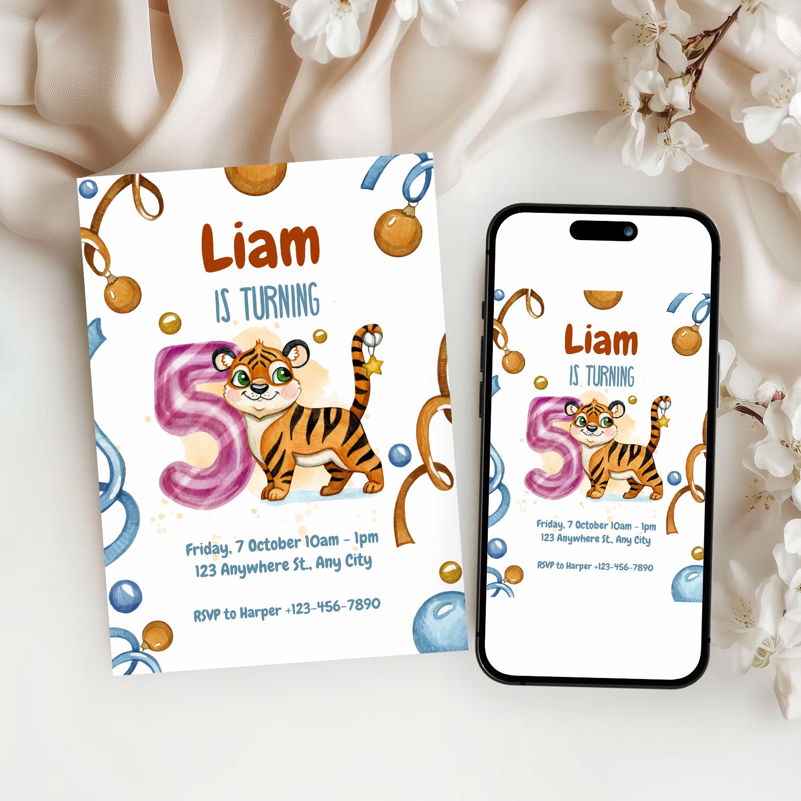Wild & Cute Tiger 5th Birthday Invitation – Editable Canva Template