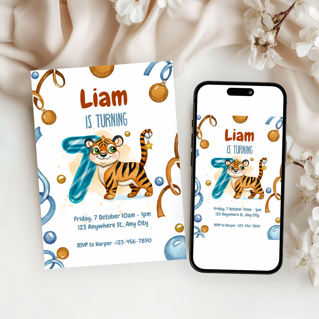 Wild & Cute Tiger 7th Birthday Invitation – Editable Canva Template