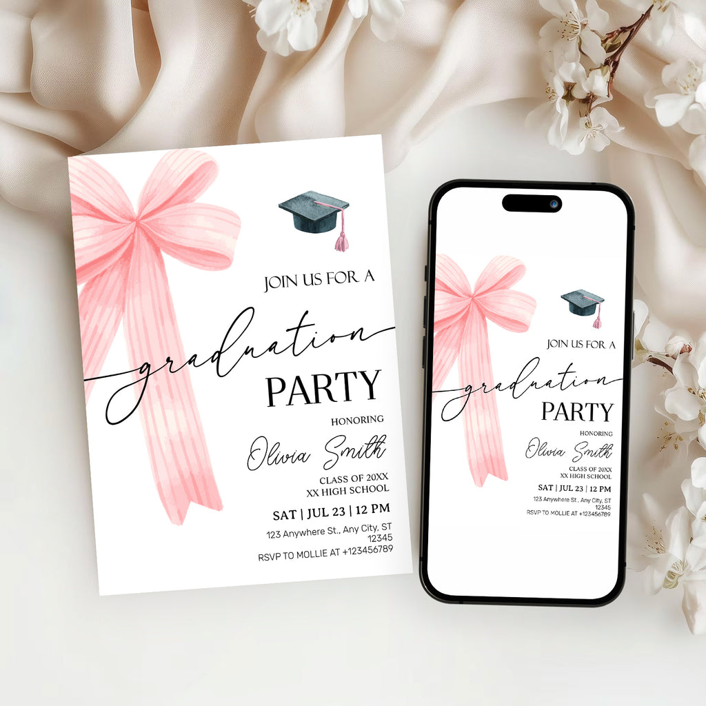 Pink Bow Graduation Party Invitation – Editable Canva Template