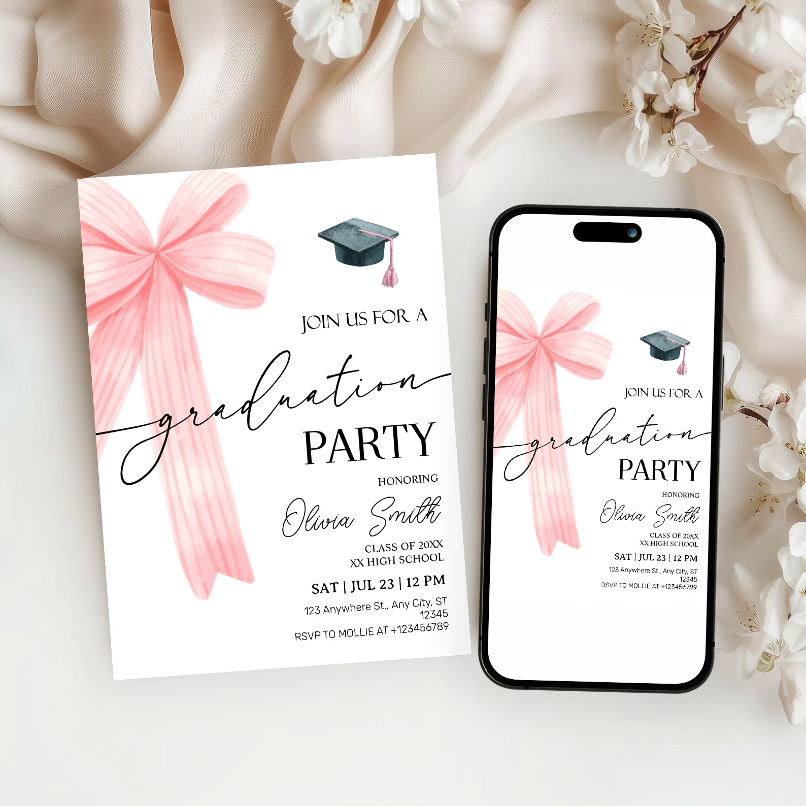 Pink Bow Graduation Party Invitation – Editable Canva Template