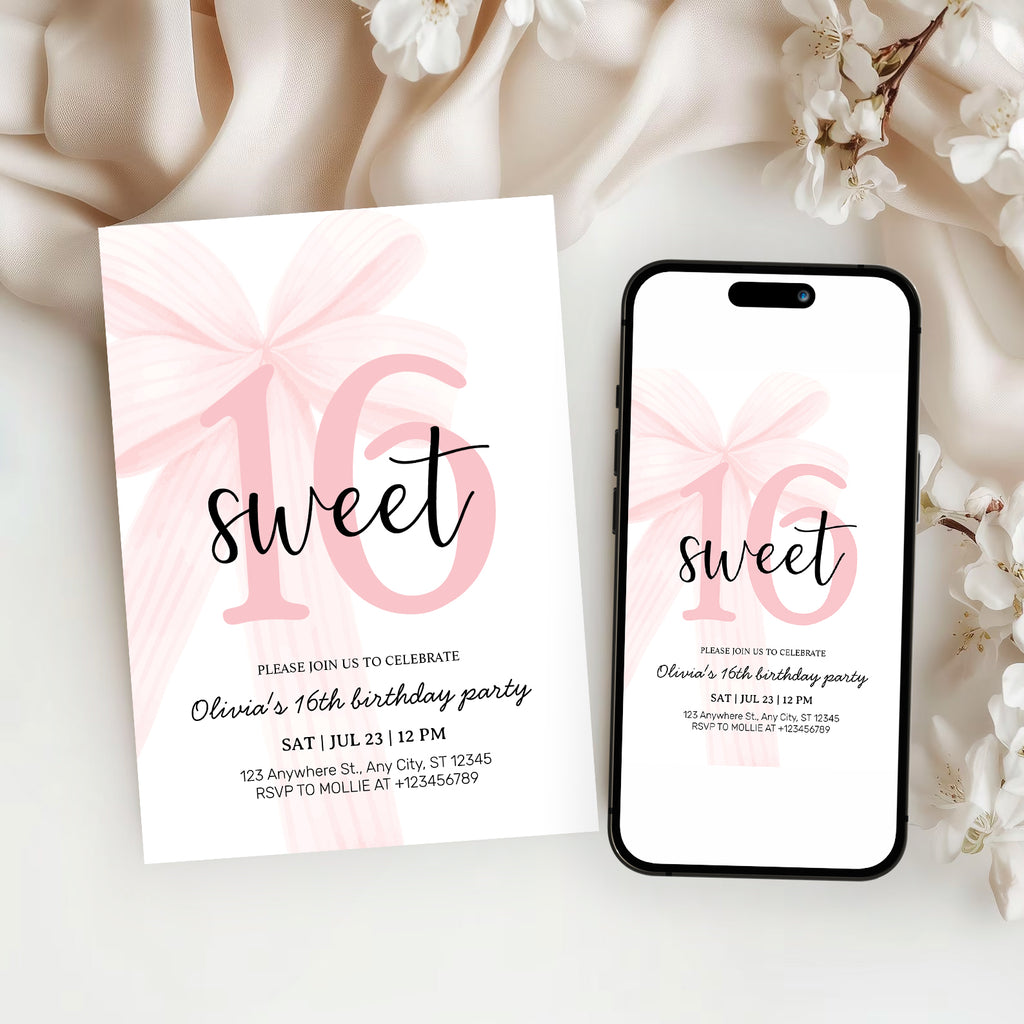 Elegant Pink Coquette Bow Sweet 16 Birthday Invitation – Editable Canva Template