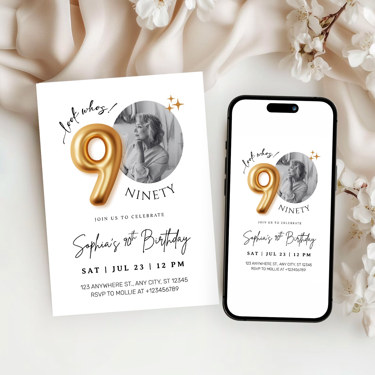 Modern Minimalist 90th Birthday Gold Balloon Photo Invitation Template | Elegant Milestone Party Invite | Editable & Instant Download