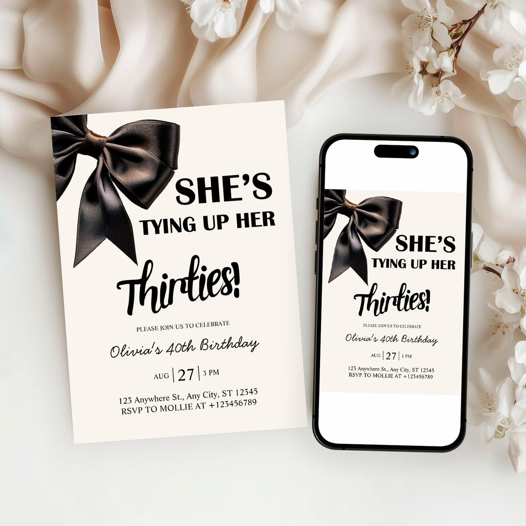 Elegant Black Bow Birthday Invitation – Editable Canva Template
