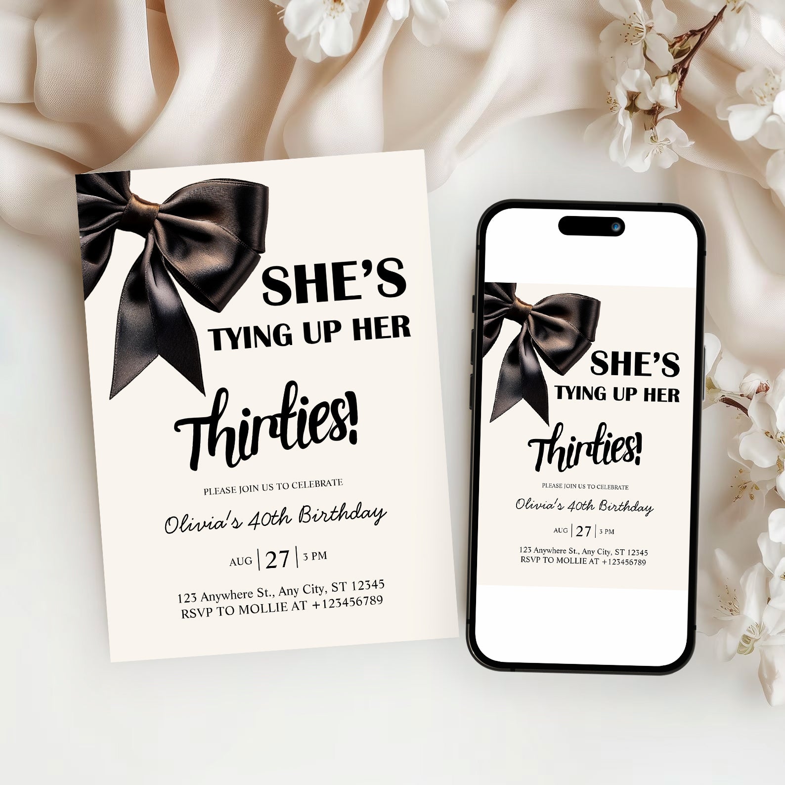 Elegant Black Bow Birthday Invitation – Editable Canva Template