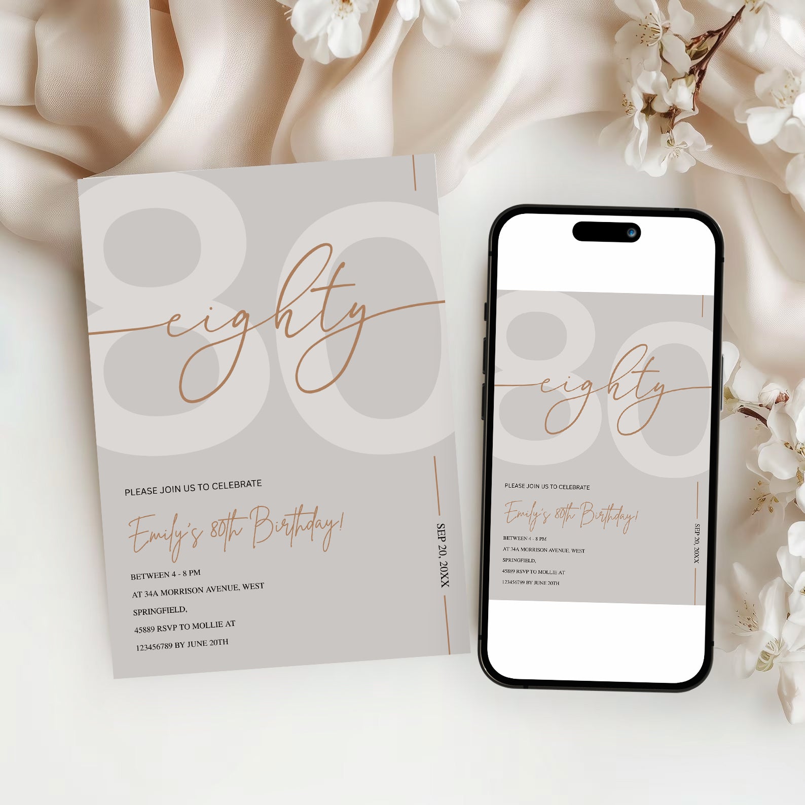 Modern Beige & Gold 80th Birthday Invitation – Editable Canva Template