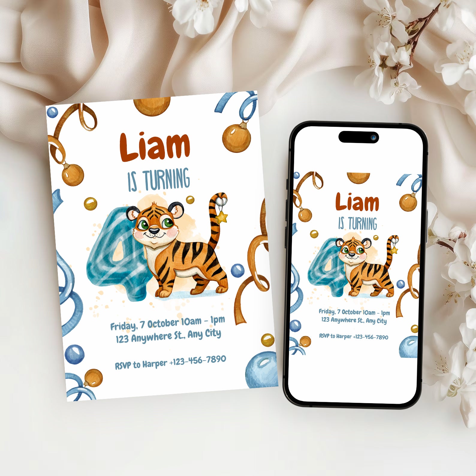 Wild & Cute Tiger 4th Birthday Invitation – Editable Canva Template