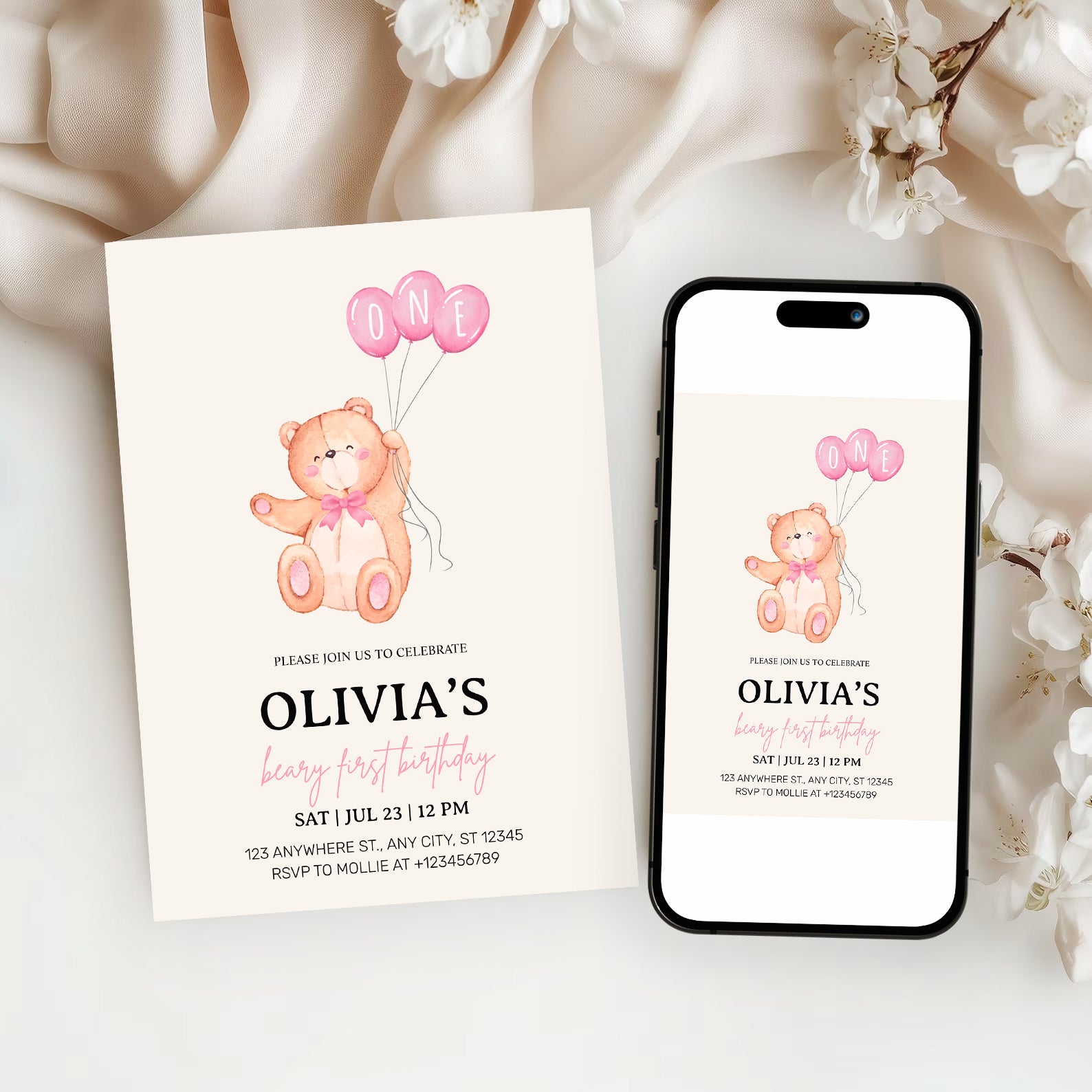 Beary First Pink Balloon 1st Birthday Teddy Invitation – Editable Canva Template