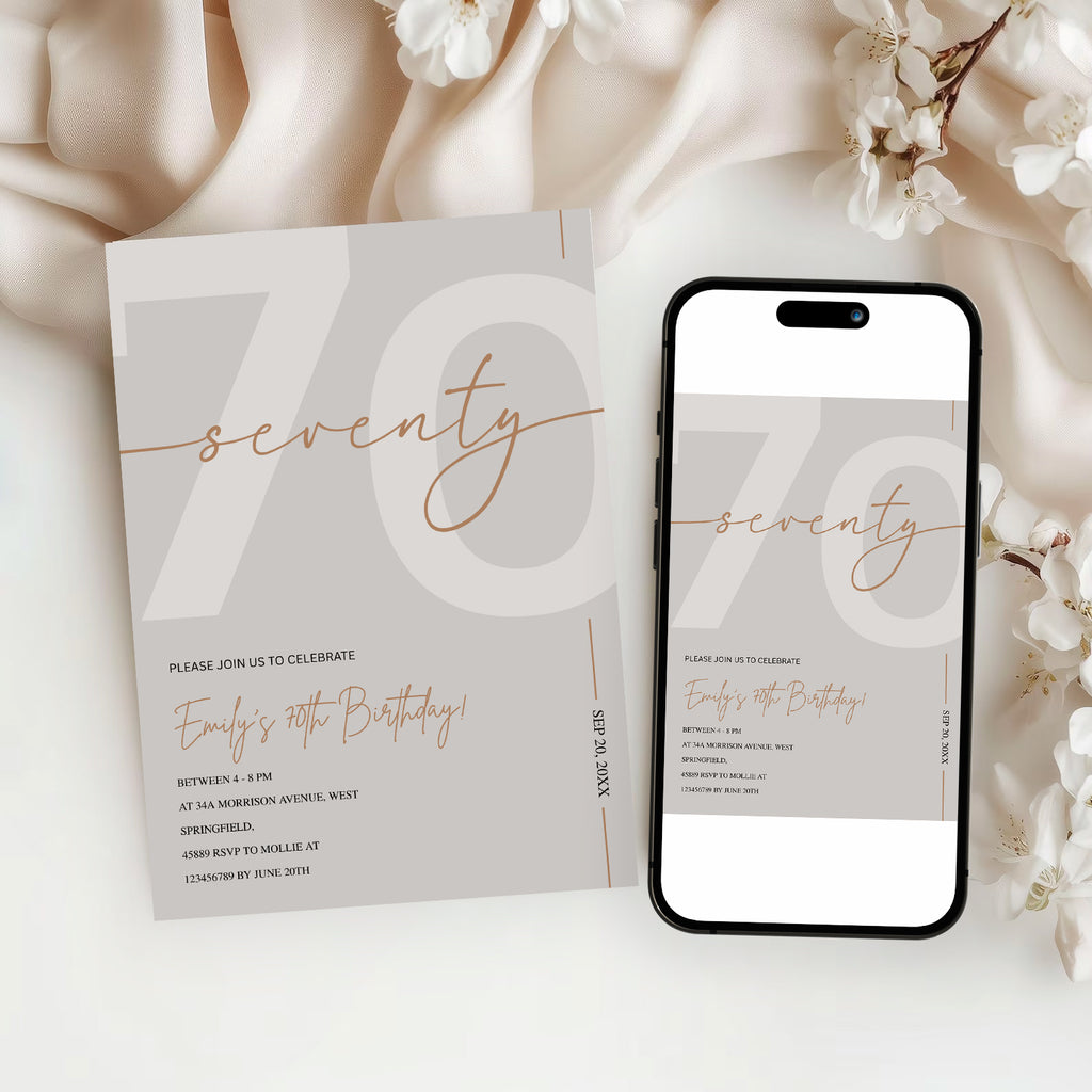 Modern Beige & Gold 70th Birthday Invitation – Editable Canva Template