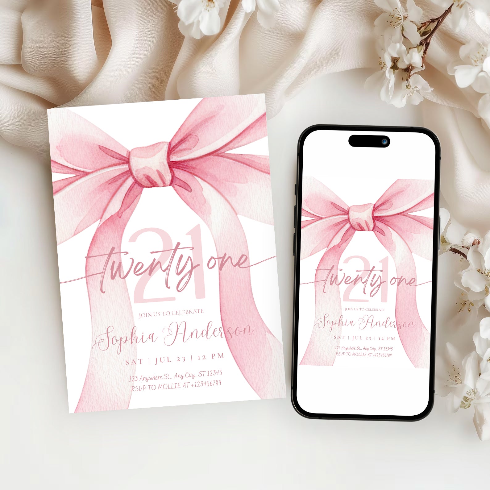 Blush Pink Bow 21 Invitation Template | Editable 21st Birthday Party Invite | Canva Instant Download