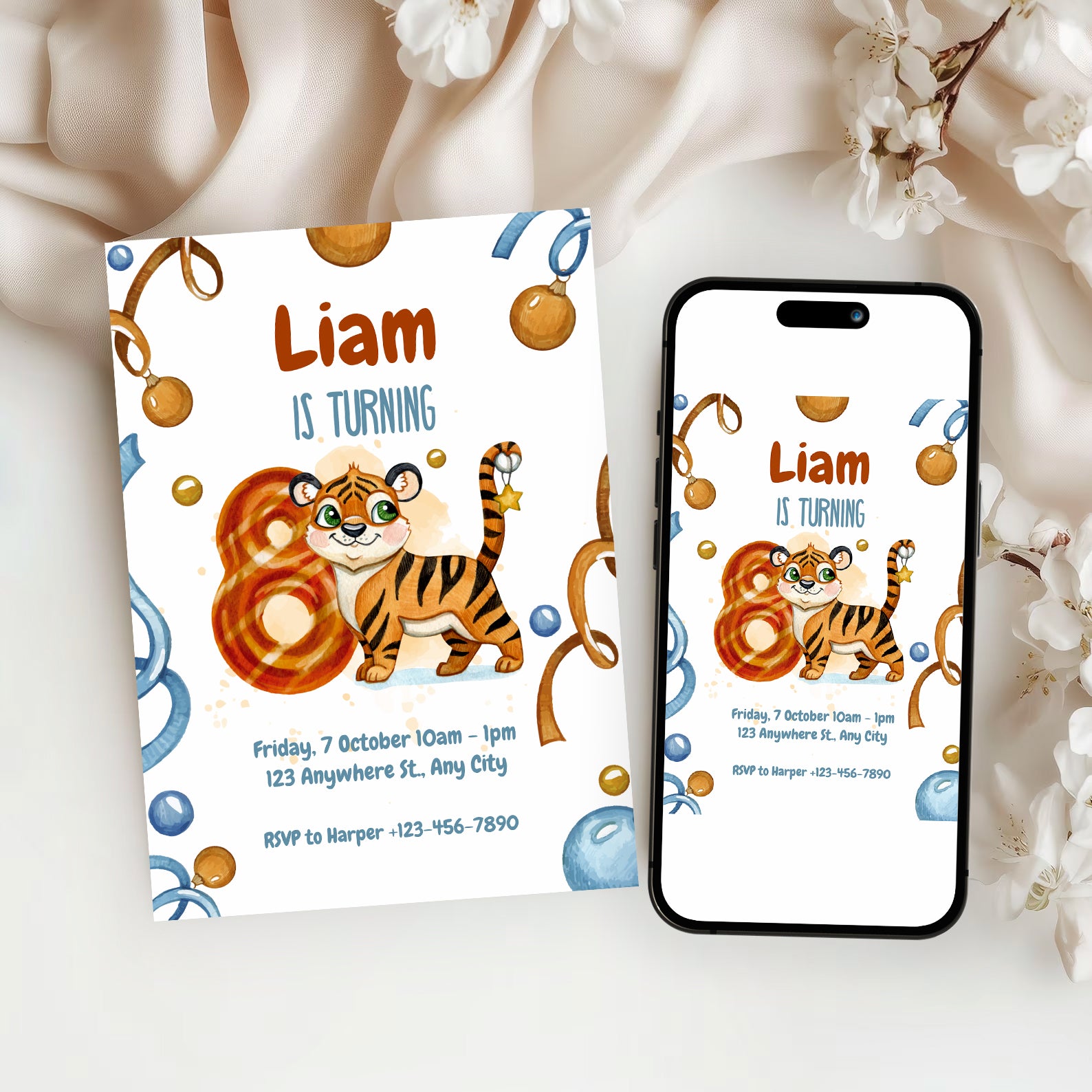 Wild & Cute Tiger 8th Birthday Invitation – Editable Canva Template