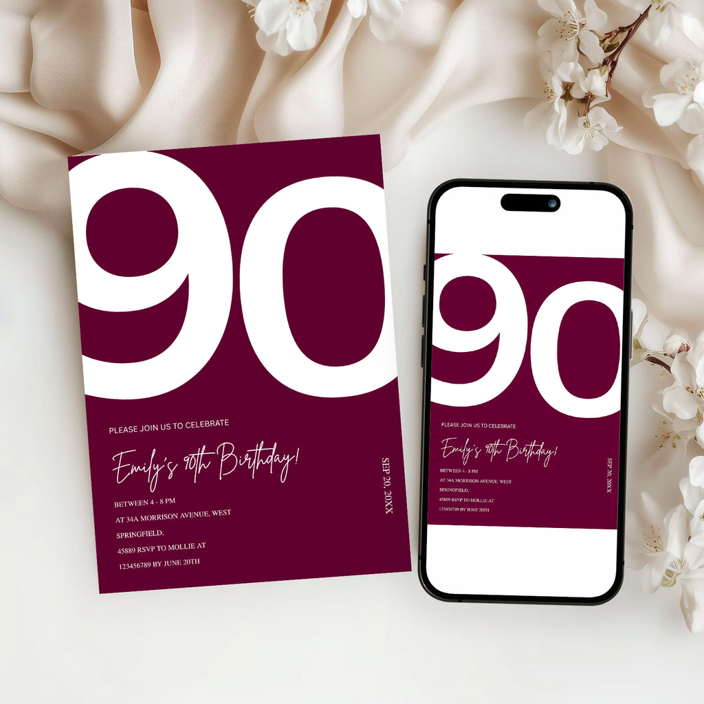 Elegant Burgundy 90th Birthday Invitation Template | Chic Ninety Milestone Party Invite | Editable & Instant Download