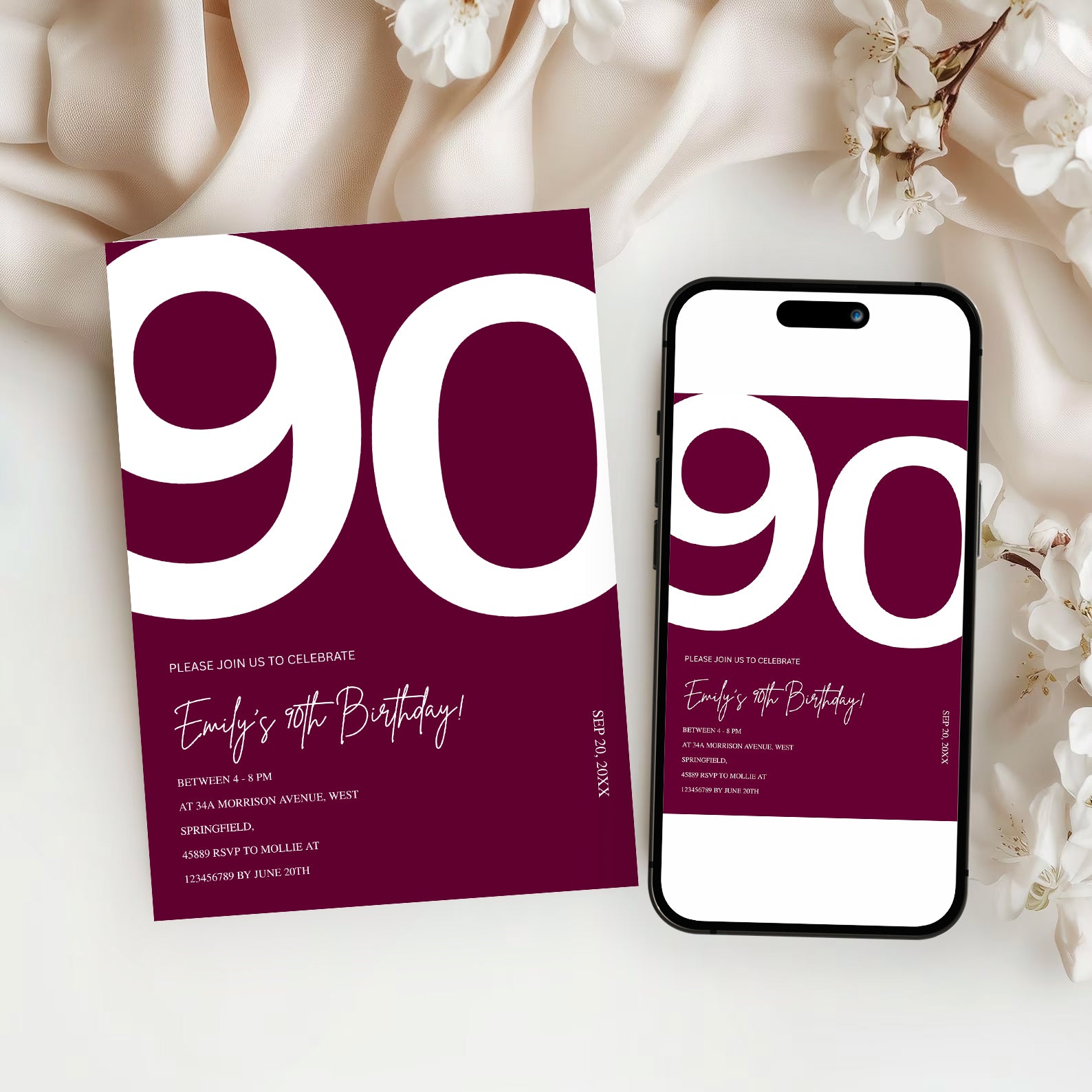 Elegant Burgundy 90th Birthday Invitation Template | Chic Ninety Milestone Party Invite | Editable & Instant Download