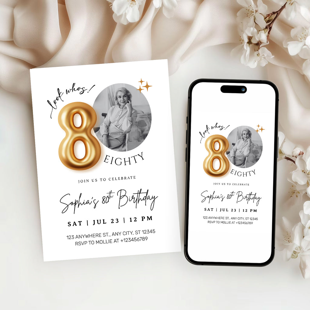 Modern Minimalist 80th Birthday Gold Balloon Photo Invitation Template | Elegant Milestone Party Invite | Editable & Instant Download