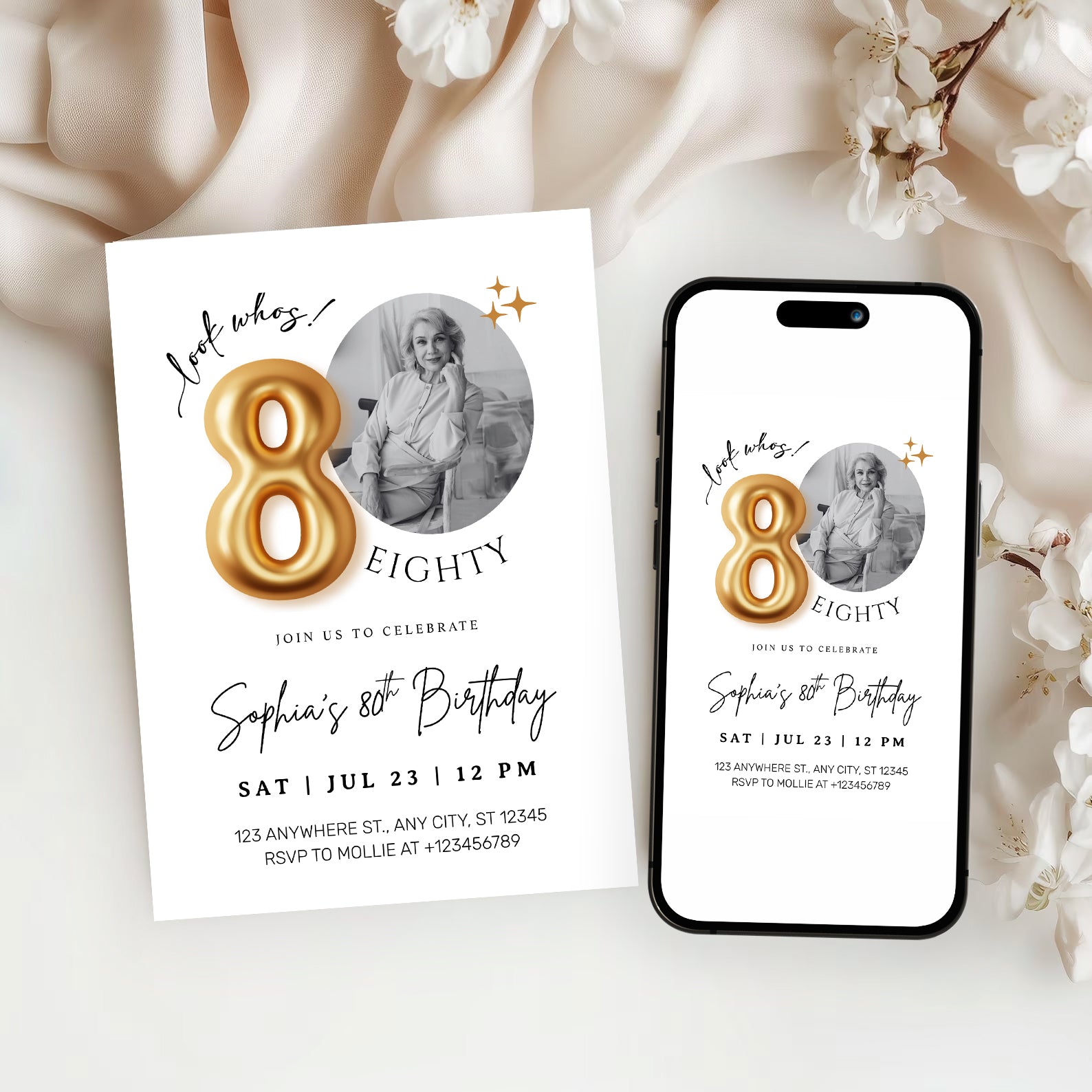 Modern Minimalist 80th Birthday Gold Balloon Photo Invitation Template | Elegant Milestone Party Invite | Editable & Instant Download