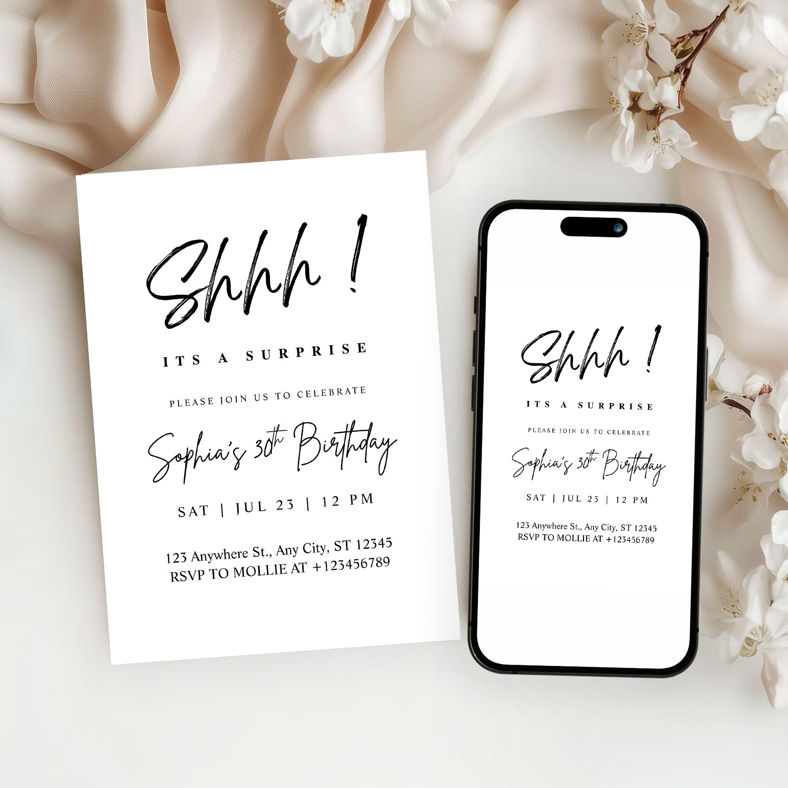 Elegant Black Calligraphy Surprise Party Invitation – Editable Canva Template